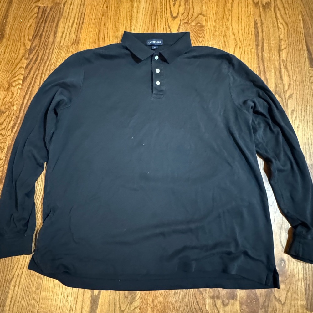Lands End Mens‎ XL Black Long Sleeve Polo Shirt Cotton Blend Casual Top